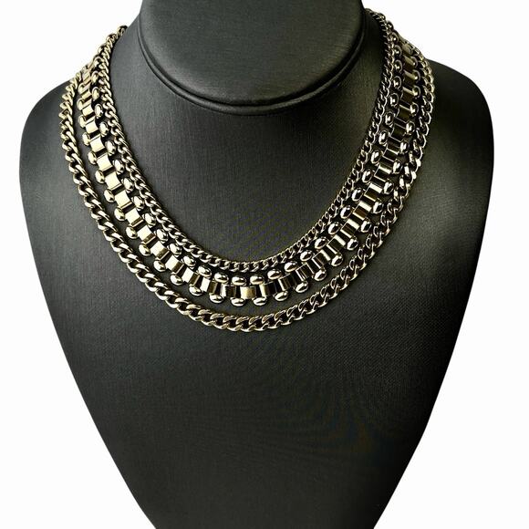 Vintage Coro Signed Necklace Three Strand Choker Gold Tone Center Book Chain 14” - Picture 2 of 8